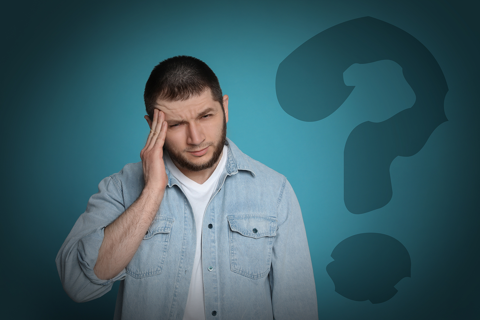 Amnesia Concept. Man Trying To Remember Something. Question Mark